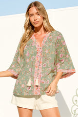 Elysia Blouse - Deep V Neck Button Down 3/4 Sleeve Top in Ottilie Print
