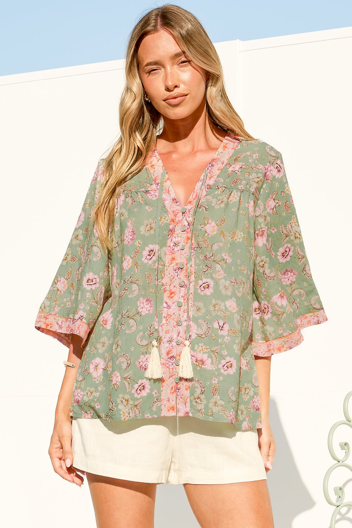 Elysia Blouse - Deep V Neck Button Down 3/4 Sleeve Top in Ottilie Print