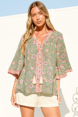 Elysia Blouse - Deep V Neck Button Down 3/4 Sleeve Top in Ottilie Print