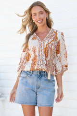 Elysia Blouse - Deep V Neck Button Down 3/4 Sleeve Top in Sedona Print