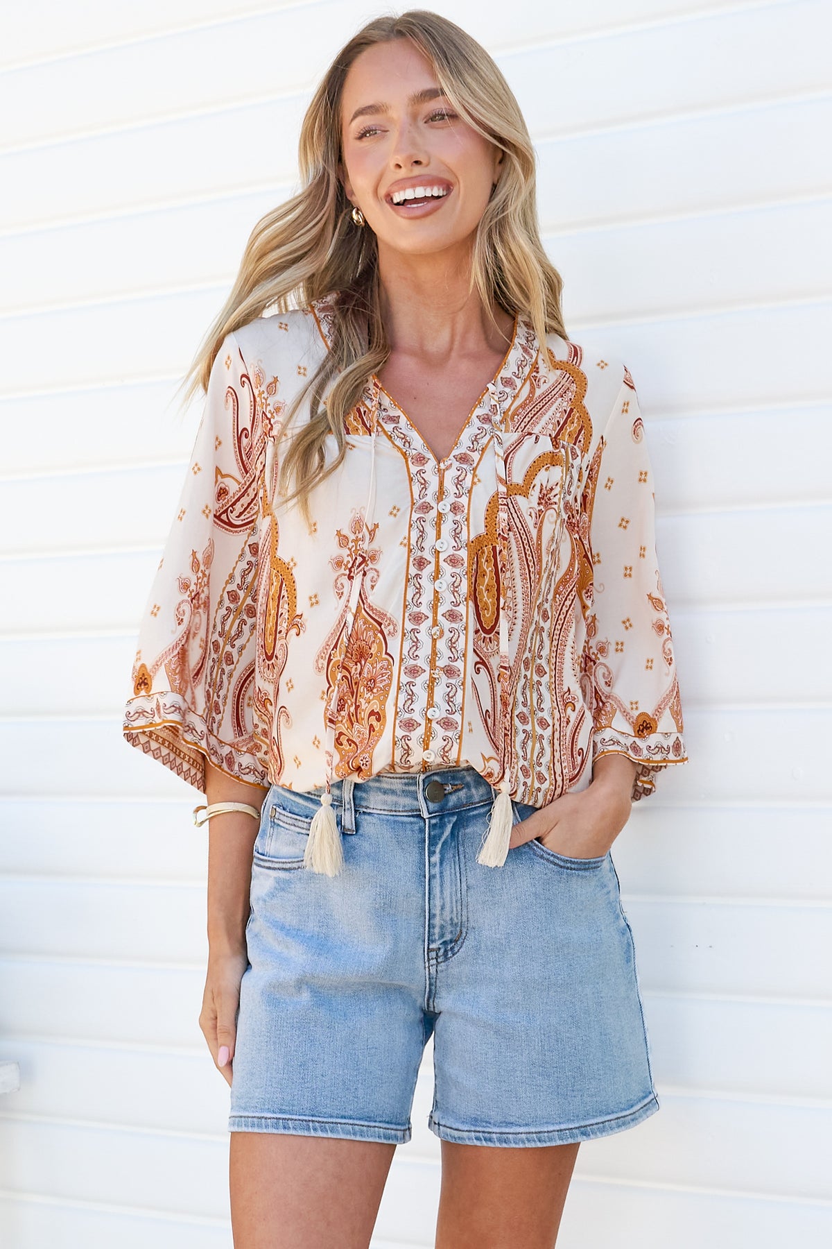Elysia Blouse - Deep V Neck Button Down 3/4 Sleeve Top in Sedona Print