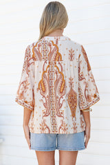Elysia Blouse - Deep V Neck Button Down 3/4 Sleeve Top in Sedona Print
