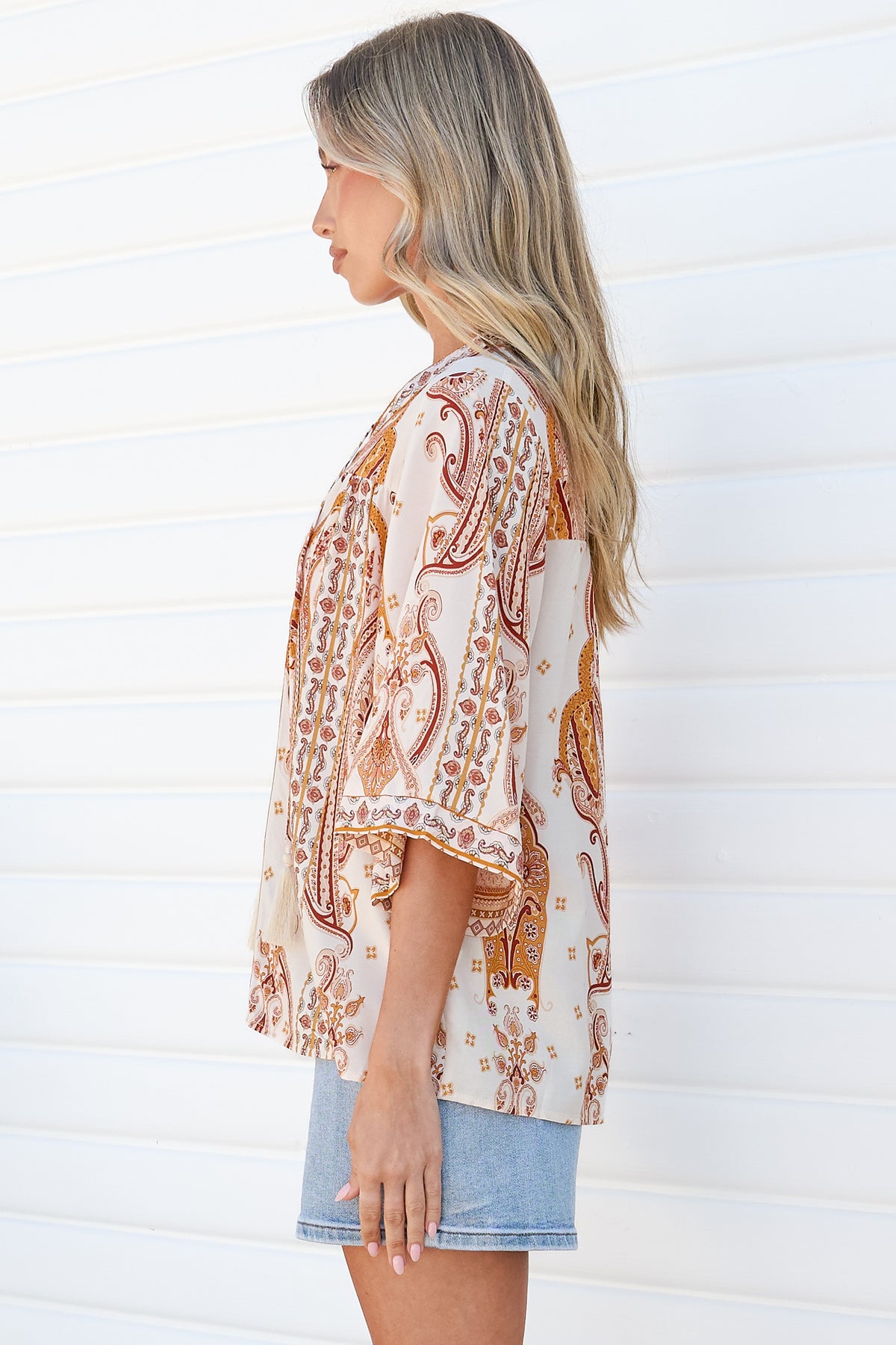 Elysia Blouse - Deep V Neck Button Down 3/4 Sleeve Top in Sedona Print