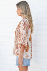 Elysia Blouse - Deep V Neck Button Down 3/4 Sleeve Top in Sedona Print