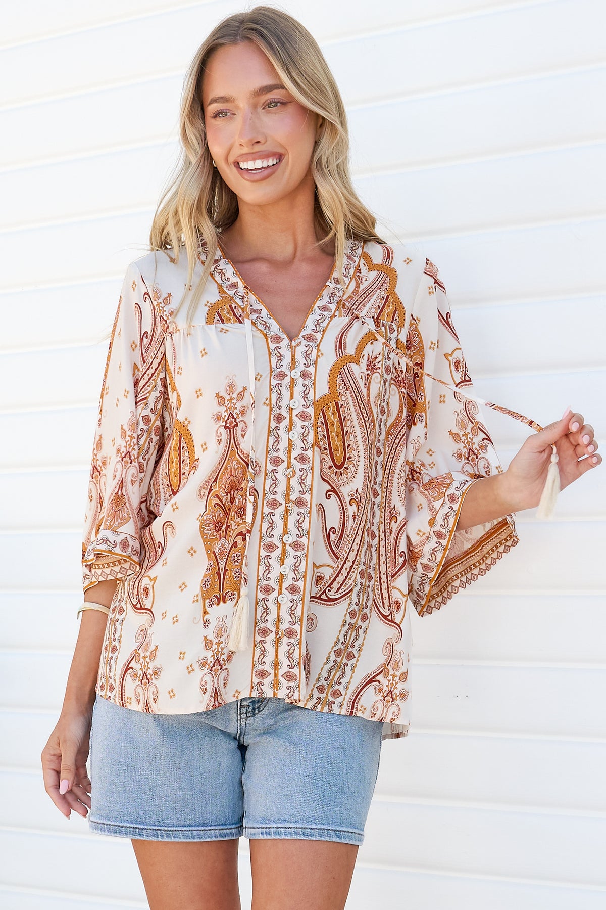 Elysia Blouse - Deep V Neck Button Down 3/4 Sleeve Top in Sedona Print