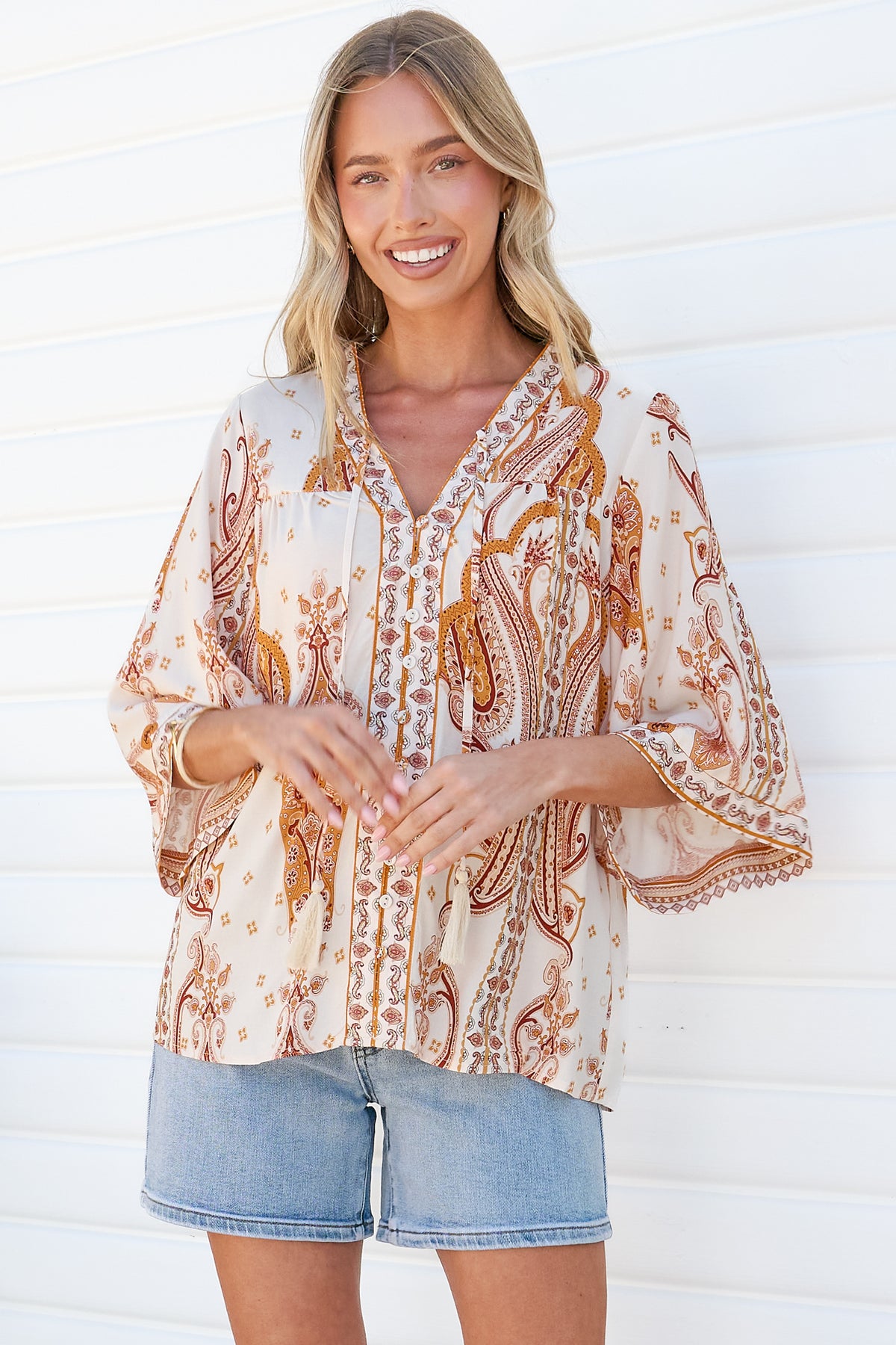 Elysia Blouse - Deep V Neck Button Down 3/4 Sleeve Top in Sedona Print