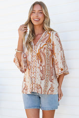 Elysia Blouse - Deep V Neck Button Down 3/4 Sleeve Top in Sedona Print