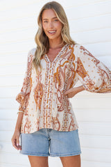 Elysia Blouse - Deep V Neck Button Down 3/4 Sleeve Top in Sedona Print