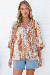 Elysia Blouse - Deep V Neck Button Down 3/4 Sleeve Top in Sedona Print