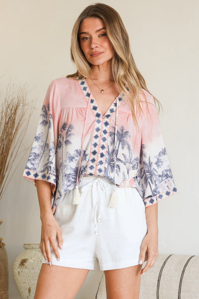 Model wearing Elysia Blouse in Armena Print from Salty Crush