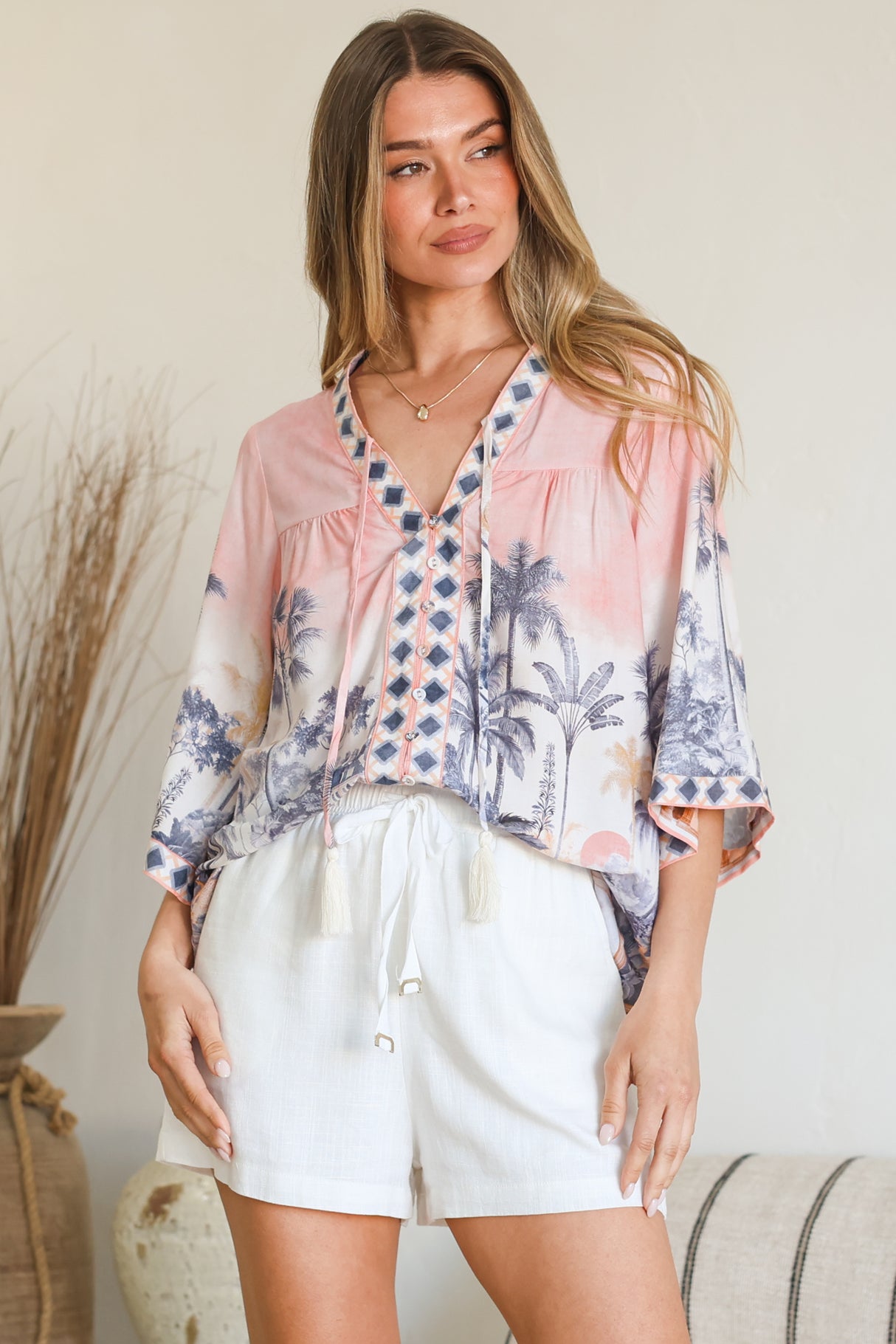 Model wearing Elysia Blouse in Armena Print from Salty Crush
