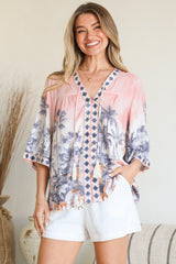 Model wearing Elysia Blouse in Armena Print from Salty Crush