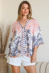 Model wearing Elysia Blouse in Armena Print from Salty Crush