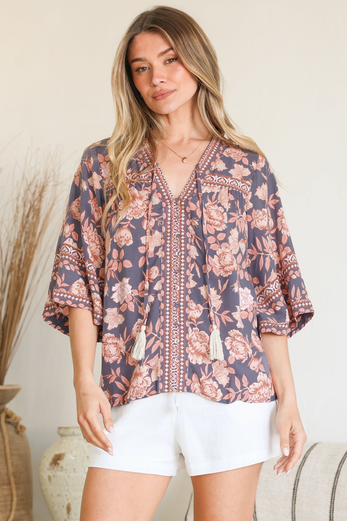 Model wearing Elysia Blouse in Leandra Print from Salty Crush