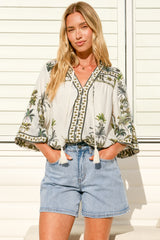 Elysia Blouse - Deep V Neck Button Down 3/4 Sleeve Top in Nessa Print