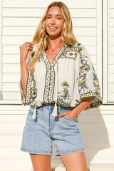 Elysia Blouse - Deep V Neck Button Down 3/4 Sleeve Top in Nessa Print