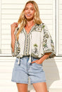 Model wearing Elysia Blouse in Nessa Print from Salty Crush
