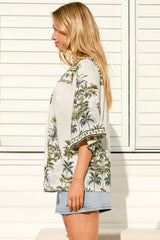 Elysia Blouse - Deep V Neck Button Down 3/4 Sleeve Top in Nessa Print