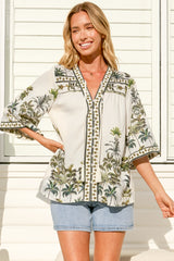 Elysia Blouse - Deep V Neck Button Down 3/4 Sleeve Top in Nessa Print