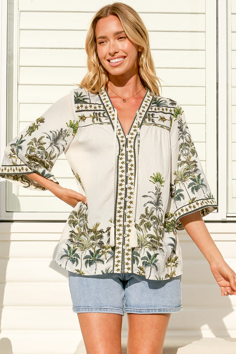 Elysia Blouse - Deep V Neck Button Down 3/4 Sleeve Top in Nessa Print