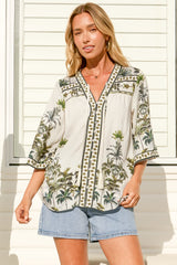Elysia Blouse - Deep V Neck Button Down 3/4 Sleeve Top in Nessa Print