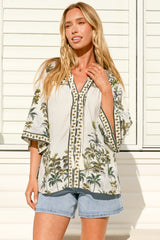 Elysia Blouse - Deep V Neck Button Down 3/4 Sleeve Top in Nessa Print