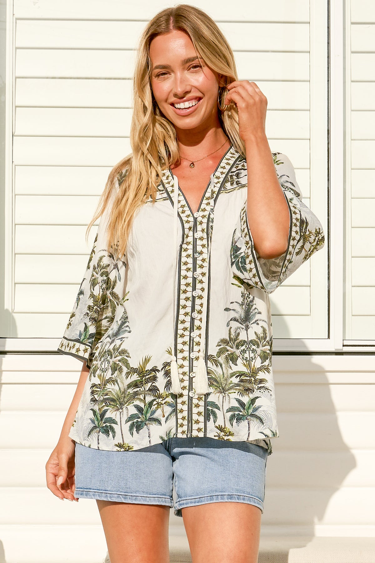 Elysia Blouse - Deep V Neck Button Down 3/4 Sleeve Top in Nessa Print