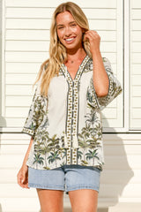 Elysia Blouse - Deep V Neck Button Down 3/4 Sleeve Top in Nessa Print