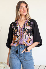 Elysia Blouse - Deep V Neck Button Down 3/4 Sleeve Top in Zaria Print