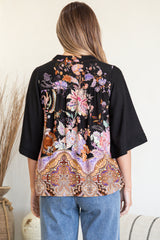 Elysia Blouse - Deep V Neck Button Down 3/4 Sleeve Top in Zaria Print