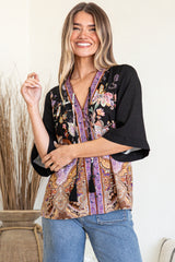 Elysia Blouse - Deep V Neck Button Down 3/4 Sleeve Top in Zaria Print