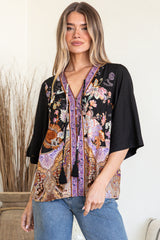 Elysia Blouse - Deep V Neck Button Down 3/4 Sleeve Top in Zaria Print