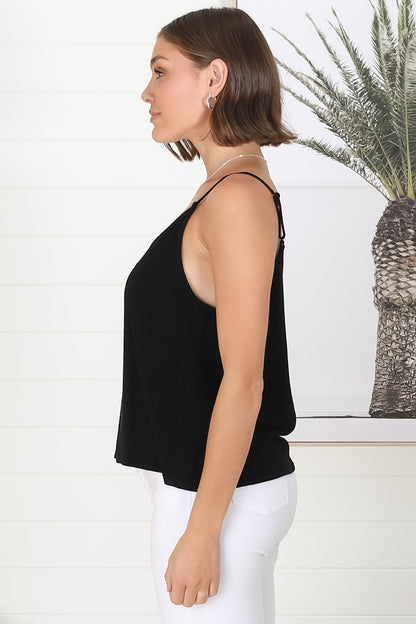 Emah Cami - Relaxed V Neck Adjustable Strap Top in Black