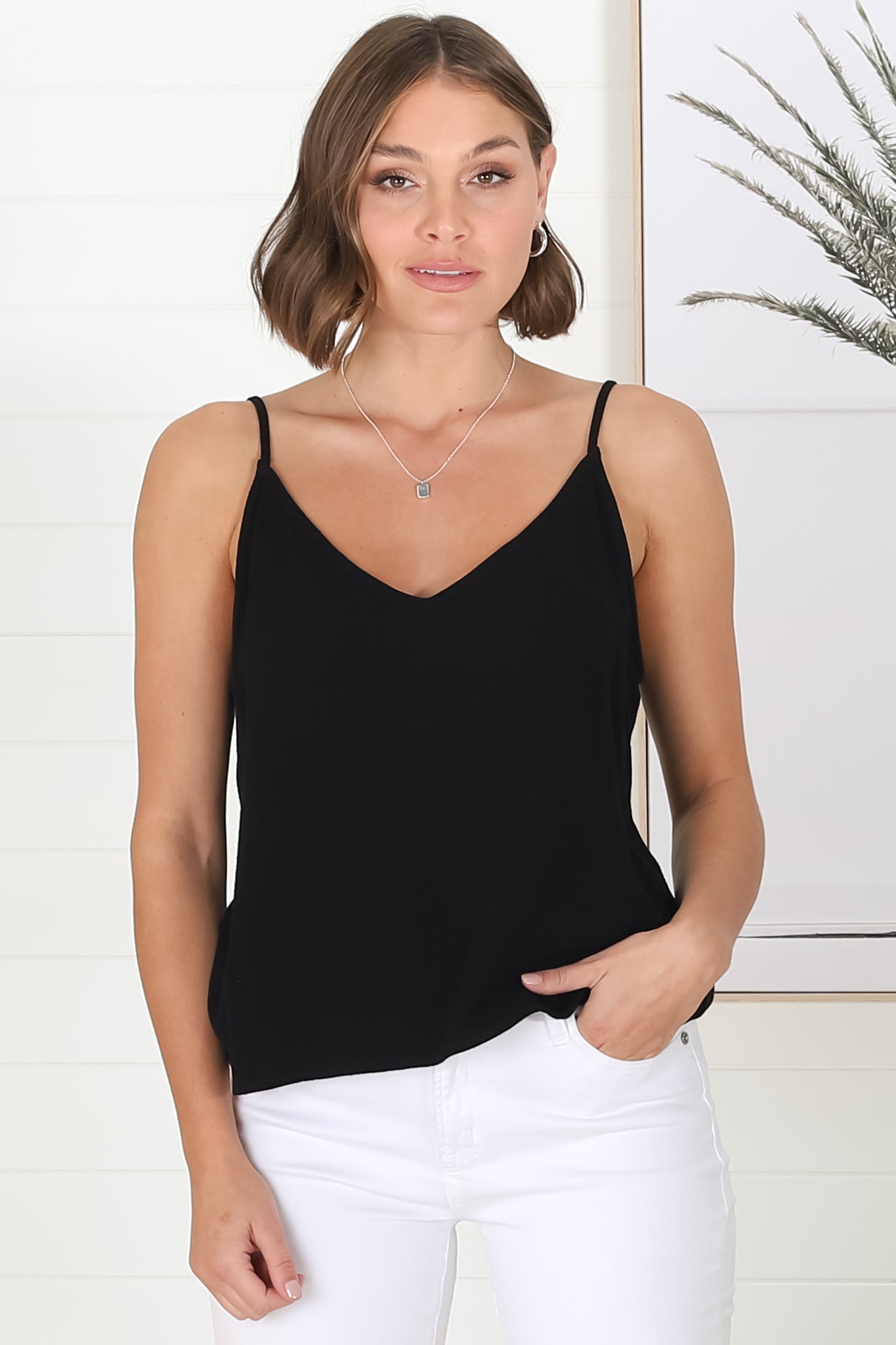 Emah Cami - Relaxed V Neck Adjustable Strap Top in Black