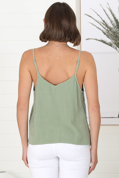 Emah Cami - Relaxed V Neck Adjustable Strap Top in Khaki