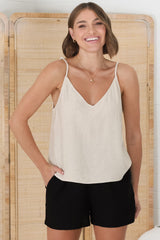 Emah Cami - Relaxed V Neck Adjustable Strap Top in Oat