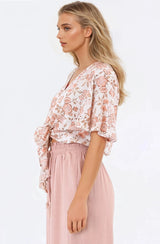 Emani Top - Cape Sleeve Crochet Trim Tie Front Top in Bindy Print