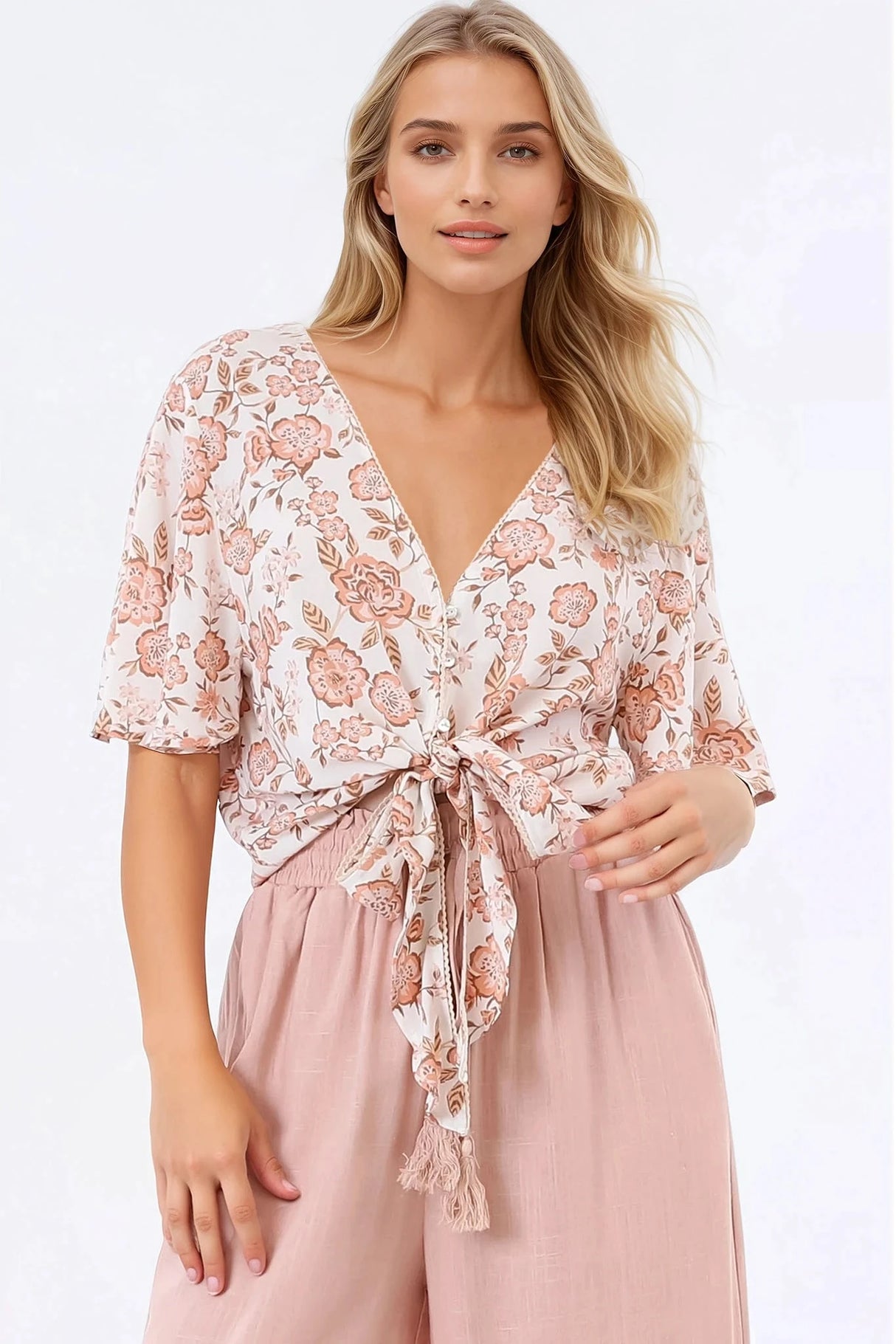 Emani Top - Cape Sleeve Crochet Trim Tie Front Top in Bindy Print