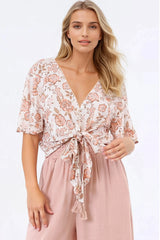 Emani Top - Cape Sleeve Crochet Trim Tie Front Top in Bindy Print