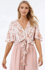 Emani Top - Cape Sleeve Crochet Trim Tie Front Top in Bindy Print
