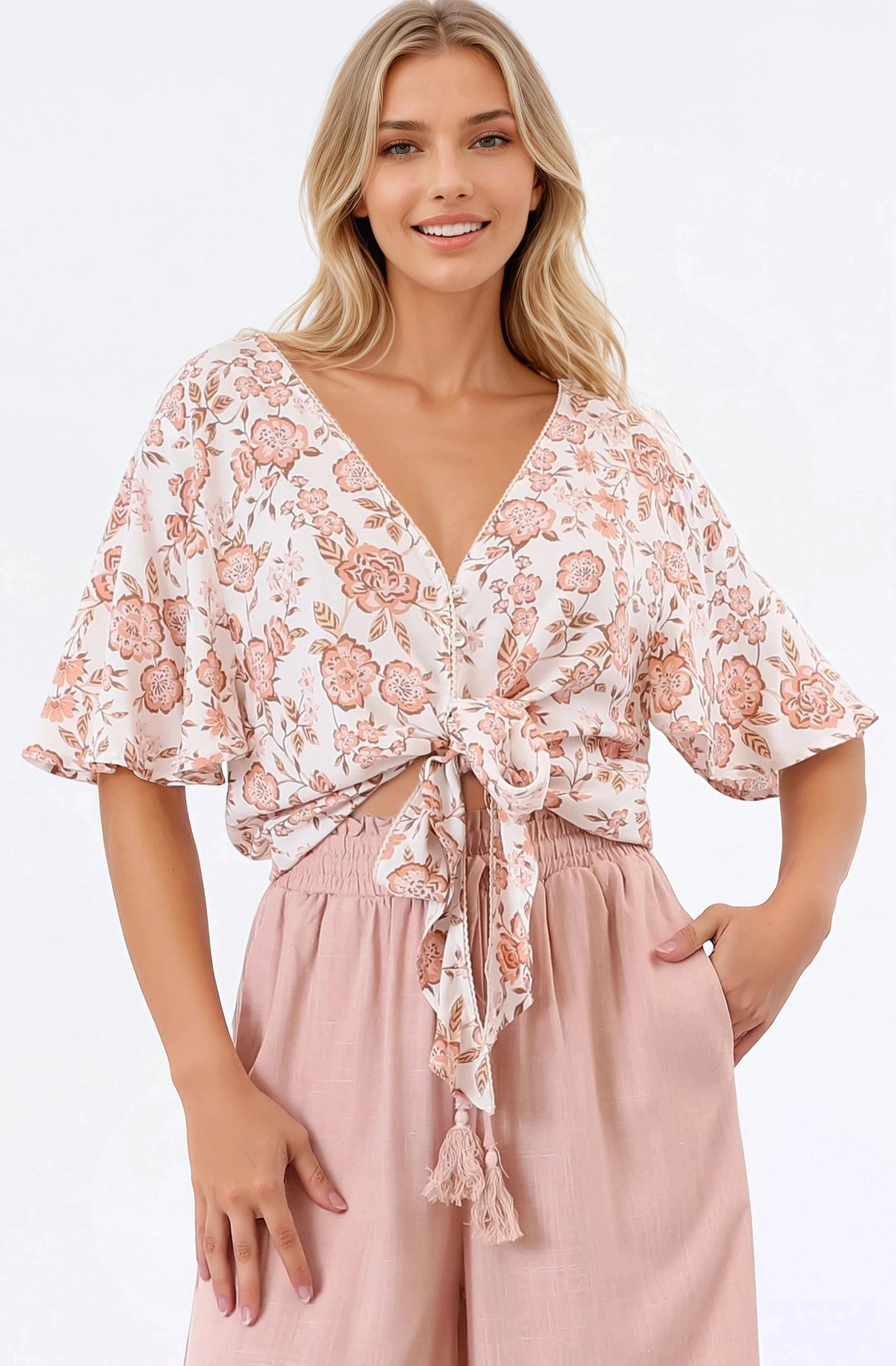 Emani Top - Cape Sleeve Crochet Trim Tie Front Top in Bindy Print