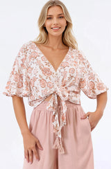 Emani Top - Cape Sleeve Crochet Trim Tie Front Top in Bindy Print
