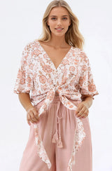Emani Top - Cape Sleeve Crochet Trim Tie Front Top in Bindy Print