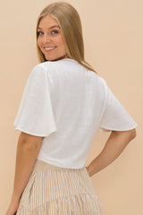 Emani Top - Cap Sleeve Crochet Trim Tie Front Top in White