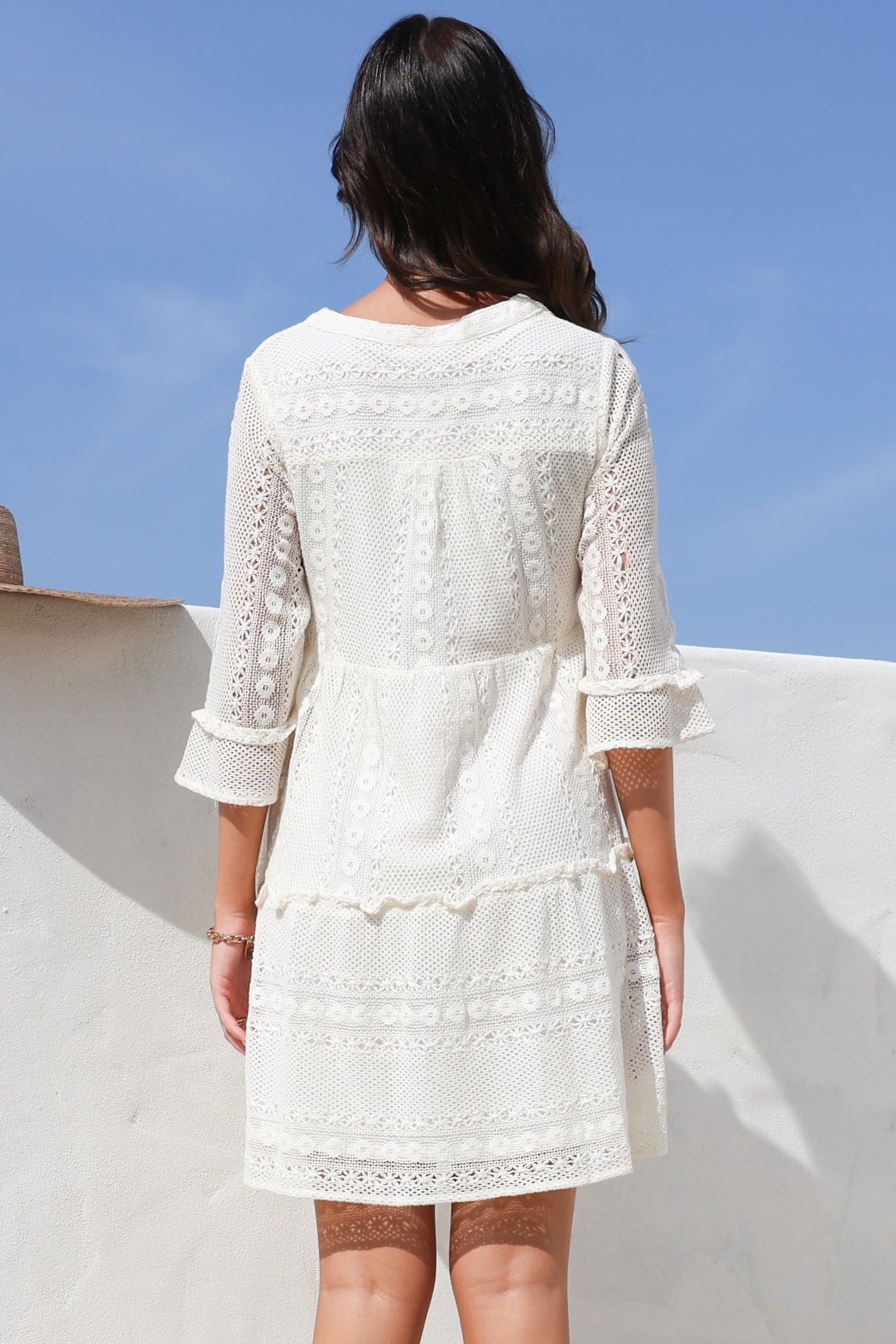 Emberly Mini Dress - Open-Work Lace Dress with Buttoned Bodice in Cream