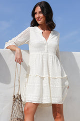 Emberly Mini Dress - Open-Work Lace Dress with Buttoned Bodice in Cream