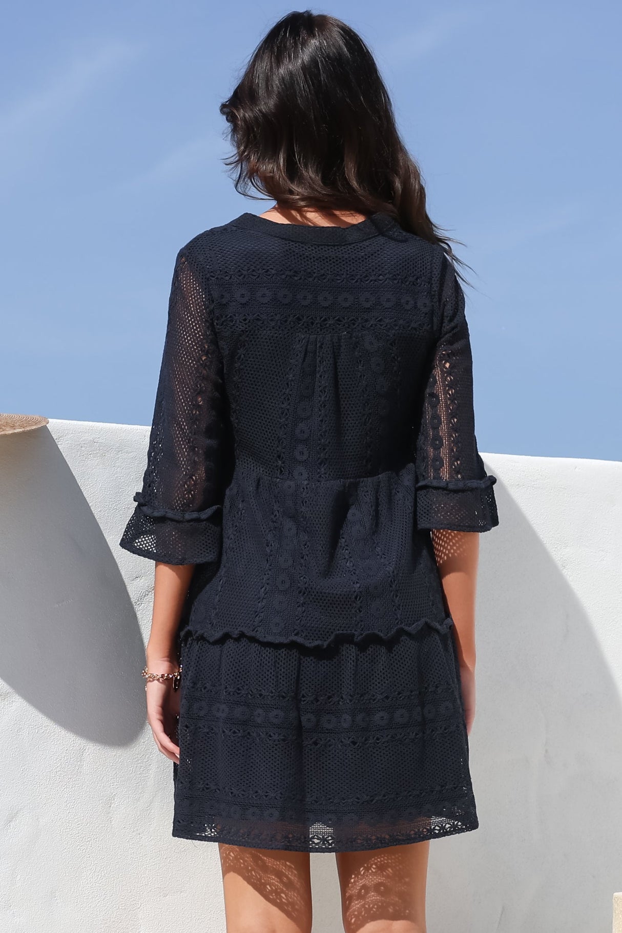 Emberly Mini Dress - Open-Work Lace Dress with Buttoned Bodice in Navy