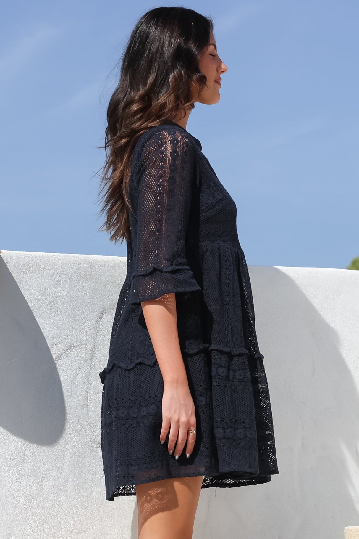 Emberly Mini Dress - Open-Work Lace Dress with Buttoned Bodice in Navy