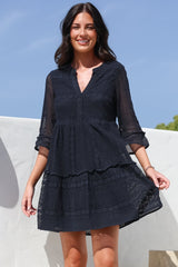 Emberly Mini Dress - Open-Work Lace Dress with Buttoned Bodice in Navy