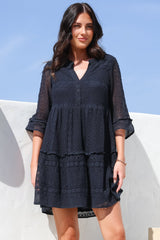 Emberly Mini Dress - Open-Work Lace Dress with Buttoned Bodice in Navy